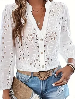 Best Women's Shirt Blouse Plain Stylish Casual Long Sleeve V Neck Regular Tops Daily Eyelet Spring Fall Women Lace Tops
