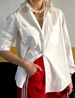 Women's Shirt Blouse Plain Modern Casual Long Sleeve Shirt Collar Regular Tops Daily Holiday Going out Buttons Pocket Summer Women White Dresses