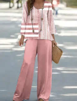 Best Women's Shirt Blouse Sleeveless 3/4 Length Sleeve U Neck Graphic Geometric Striped Print Outdoor Vacation Casual Pink Blue Khaki Summer Loose Fit Women Two Piece Sets