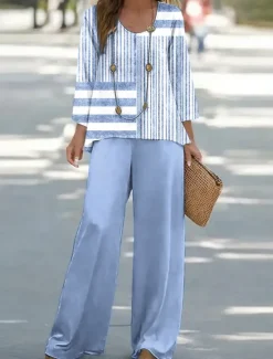 Best Women's Shirt Blouse Sleeveless 3/4 Length Sleeve U Neck Graphic Geometric Striped Print Outdoor Vacation Casual Pink Blue Khaki Summer Loose Fit Women Two Piece Sets
