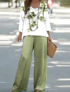 Hot Women's Shirt Blouse Sleeveless 3/4 Length Sleeve Round Neck U Neck Ombre Floral Graphic Print Outdoor Vacation Casual Purple Green Summer Regular Fit Women Two Piece Sets