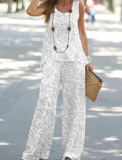 Best Women's Shirt Blouse Sleeveless Round Neck Floral Graphic Print Outdoor Vacation Casual White Pink Blue Summer Regular Fit Women Two Piece Sets