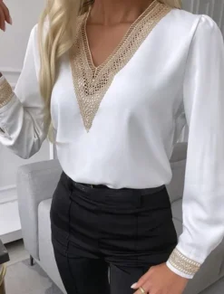 Sale Women's Shirt Blouse Solid Color Stylish Casual Long Sleeve V Neck Regular Tops Daily Lace Patchwork Black White Summer Spring Fall Women Lace Tops