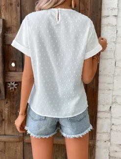 Sale Women's Shirt Blouse Solid Color Stylish Casual Short Sleeve Crew Neck Regular Tops Daily Lace Summer Spring Women Lace Tops