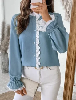 Discount Women's Shirt Blouse Solid Color Stylish Casual Long Sleeve Turtleneck Regular Tops Daily Lace Patchwork Summer Spring Women Lace Tops