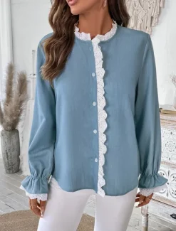 Discount Women's Shirt Blouse Solid Color Stylish Casual Long Sleeve Turtleneck Regular Tops Daily Lace Patchwork Summer Spring Women Lace Tops