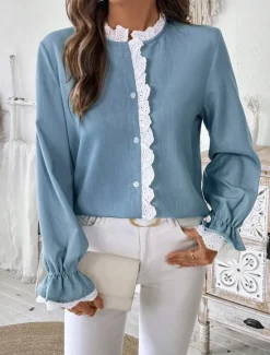 Discount Women's Shirt Blouse Solid Color Stylish Casual Long Sleeve Turtleneck Regular Tops Daily Lace Patchwork Summer Spring Women Lace Tops
