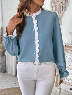 Discount Women's Shirt Blouse Solid Color Stylish Casual Long Sleeve Turtleneck Regular Tops Daily Lace Patchwork Summer Spring Women Lace Tops