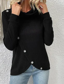 Women's Shirt Blouse Solid Color Basic Casual Long Sleeve Turtleneck Regular Tops Daily Patchwork Buttons Fall Winter Women Blouses & Shirts