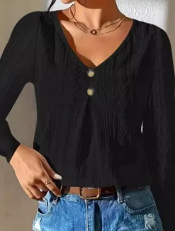 Best Women's Shirt Blouse Solid Color Stylish Casual Long Sleeve V Neck Regular Tops Daily Buttons Eyelet Black White Summer Spring Fall Women Lace Tops