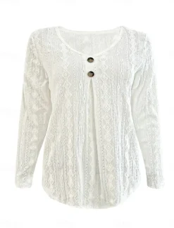 Best Women's Shirt Blouse Solid Color Stylish Casual Long Sleeve V Neck Regular Tops Daily Buttons Eyelet Black White Summer Spring Fall Women Lace Tops