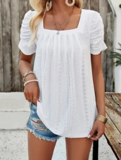 Best Women's Shirt Blouse Solid Color Stylish Casual Short Sleeve Square Neck Regular Tops Daily Eyelet White Yellow Summer Women Lace Tops
