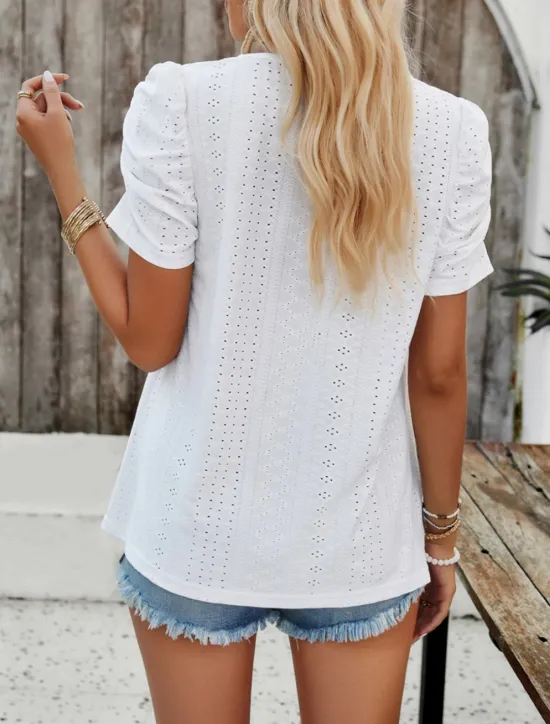 Best Women's Shirt Blouse Solid Color Stylish Casual Short Sleeve Square Neck Regular Tops Daily Eyelet White Yellow Summer Women Lace Tops