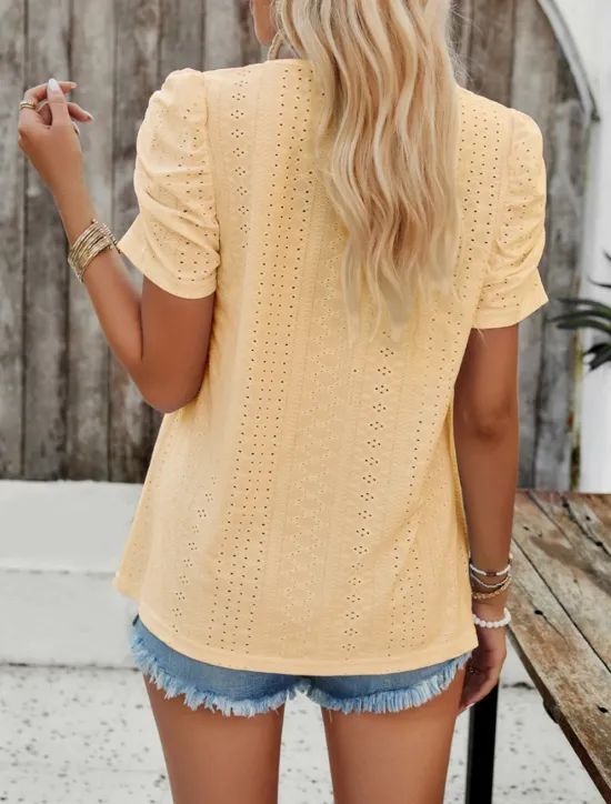 Best Women's Shirt Blouse Solid Color Stylish Casual Short Sleeve Square Neck Regular Tops Daily Eyelet White Yellow Summer Women Lace Tops