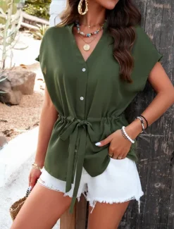 Online Women's Shirt Blouse Solid Color Stylish Casual Short Sleeve Notched Neck Regular Tops Daily Buttons Drawstring Black Wine Blue Green Beige Summer Women T-Shirts