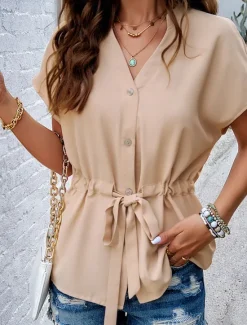 Online Women's Shirt Blouse Solid Color Stylish Casual Short Sleeve Notched Neck Regular Tops Daily Buttons Drawstring Black Wine Blue Green Beige Summer Women T-Shirts