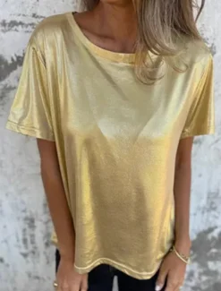 Online Women's Shirt Blouse Solid Color Stylish Casual Short Sleeve Crew Neck Regular Tops Daily Patchwork White Blue Gold Summer Women Blouses & Shirts
