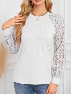 Discount Women's Shirt Blouse Solid Color Stylish Casual Long Sleeve Crew Neck Regular Tops Daily Lace Patchwork White Pink Summer Spring Women Lace Tops