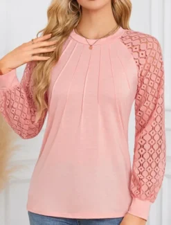 Discount Women's Shirt Blouse Solid Color Stylish Casual Long Sleeve Crew Neck Regular Tops Daily Lace Patchwork White Pink Summer Spring Women Lace Tops