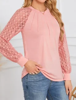 Discount Women's Shirt Blouse Solid Color Stylish Casual Long Sleeve Crew Neck Regular Tops Daily Lace Patchwork White Pink Summer Spring Women Lace Tops