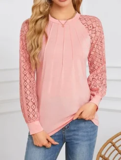 Discount Women's Shirt Blouse Solid Color Stylish Casual Long Sleeve Crew Neck Regular Tops Daily Lace Patchwork White Pink Summer Spring Women Lace Tops
