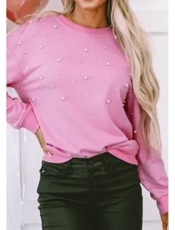 Outlet Women's Shirt Blouse Solid Color Basic Casual Long Sleeve Bishop Sleeve Crew Neck Regular Tops Daily Patchwork Beaded Fall Winter Women Hoodies & Sweatshirts