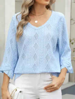Sale Women's Shirt Blouse Solid Color Basic Casual 3/4 Length Sleeve V Neck Regular Tops Daily Eyelet Pink Blue Green Spring Fall Women Lace Tops