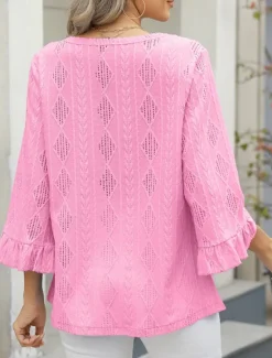 Sale Women's Shirt Blouse Solid Color Basic Casual 3/4 Length Sleeve V Neck Regular Tops Daily Eyelet Pink Blue Green Spring Fall Women Lace Tops