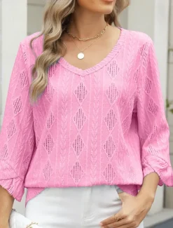 Sale Women's Shirt Blouse Solid Color Basic Casual 3/4 Length Sleeve V Neck Regular Tops Daily Eyelet Pink Blue Green Spring Fall Women Lace Tops