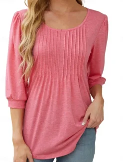 New Women's Shirt Blouse Solid Color Basic Casual 3/4 Length Sleeve Crew Neck Regular Tops Daily Ruched Black White Pink Summer Spring Women Blouses & Shirts|Shirts