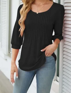 New Women's Shirt Blouse Solid Color Basic Casual 3/4 Length Sleeve Crew Neck Regular Tops Daily Ruched Black White Pink Summer Spring Women Blouses & Shirts|Shirts