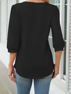 New Women's Shirt Blouse Solid Color Basic Casual 3/4 Length Sleeve Crew Neck Regular Tops Daily Ruched Black White Pink Summer Spring Women Blouses & Shirts|Shirts
