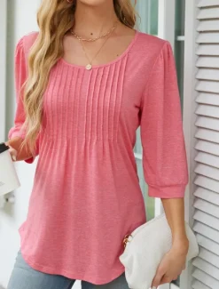 New Women's Shirt Blouse Solid Color Basic Casual 3/4 Length Sleeve Crew Neck Regular Tops Daily Ruched Black White Pink Summer Spring Women Blouses & Shirts|Shirts