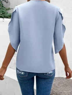 Hot Women's Shirt Blouse Solid Color Stylish Casual Half Sleeve Bell Sleeve V Neck Regular Tops Daily Lace Patchwork Pink Light Blue Summer Spring Fall Women Lace Tops