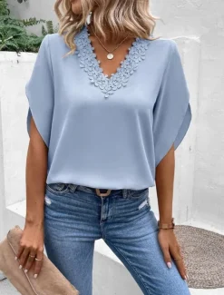 Hot Women's Shirt Blouse Solid Color Stylish Casual Half Sleeve Bell Sleeve V Neck Regular Tops Daily Lace Patchwork Pink Light Blue Summer Spring Fall Women Lace Tops