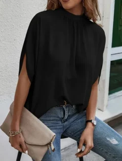 Online Women's Shirt Blouse Solid Color Elegant Daily Stylish Half Sleeve Batwing Sleeve Crew Neck Regular Tops Work Daily Holiday Patchwork Black Blue Brown Green Summer Spring Women Blouses & Shirts