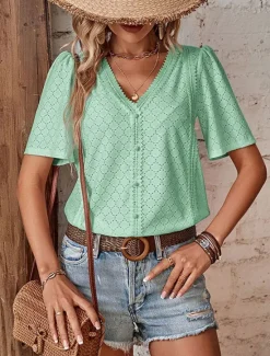 New Women's Shirt Blouse Solid Color Elegant Stylish Basic Short Sleeve V Neck Regular Tops Daily Lace White Pink Blue Green Summer Spring Women Blouses & Shirts