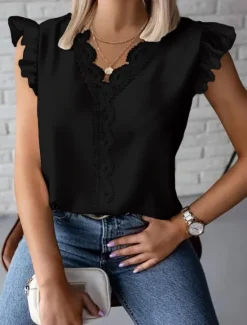 Sale Women's Shirt Blouse Solid Color Stylish Casual Sleeveless V Neck Regular Tops Daily Lace Ruffle Patchwork Black White Summer Spring Women Lace Tops