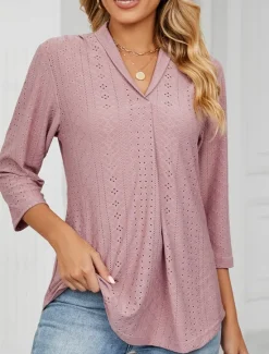 Clearance Women's Shirt Blouse Solid Color Basic Casual 3/4 Length Sleeve V Neck Regular Tops Daily Buttons Eyelet White Pink Green Summer Spring Women Lace Tops