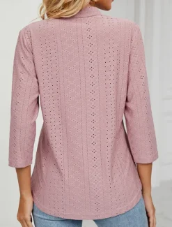 Clearance Women's Shirt Blouse Solid Color Basic Casual 3/4 Length Sleeve V Neck Regular Tops Daily Buttons Eyelet White Pink Green Summer Spring Women Lace Tops