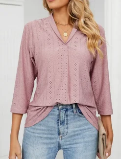 Clearance Women's Shirt Blouse Solid Color Basic Casual 3/4 Length Sleeve V Neck Regular Tops Daily Buttons Eyelet White Pink Green Summer Spring Women Lace Tops