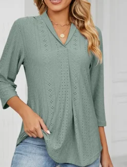 Clearance Women's Shirt Blouse Solid Color Basic Casual 3/4 Length Sleeve V Neck Regular Tops Daily Buttons Eyelet White Pink Green Summer Spring Women Lace Tops