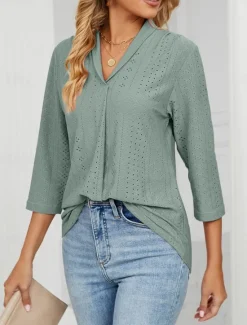 Clearance Women's Shirt Blouse Solid Color Basic Casual 3/4 Length Sleeve V Neck Regular Tops Daily Buttons Eyelet White Pink Green Summer Spring Women Lace Tops