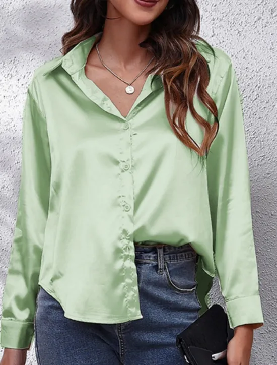 Discount Women's Shirt Blouse Solid Color Business Modern Casual Long Sleeve Shirt Collar Regular Tops Work Formal Wear Buttons Yellow Pink Wine Blue Green Summer Spring Women Blouses & Shirts