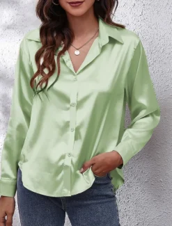 Discount Women's Shirt Blouse Solid Color Business Modern Casual Long Sleeve Shirt Collar Regular Tops Work Formal Wear Buttons Yellow Pink Wine Blue Green Summer Spring Women Blouses & Shirts