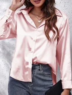 Discount Women's Shirt Blouse Solid Color Business Modern Casual Long Sleeve Shirt Collar Regular Tops Work Formal Wear Buttons Yellow Pink Wine Blue Green Summer Spring Women Blouses & Shirts