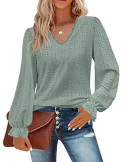 Best Women's Shirt Blouse Solid Color Basic Casual Long Sleeve V Neck Regular Tops Daily Lace Eyelet Light Green Pink Fall Winter Women Lace Tops