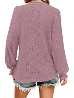 Best Women's Shirt Blouse Solid Color Basic Casual Long Sleeve V Neck Regular Tops Daily Lace Eyelet Light Green Pink Fall Winter Women Lace Tops