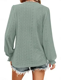 Best Women's Shirt Blouse Solid Color Basic Casual Long Sleeve V Neck Regular Tops Daily Lace Eyelet Light Green Pink Fall Winter Women Lace Tops