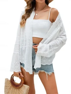Discount Women's Shirt Blouse Solid Color Elegant Daily Stylish Long Sleeve Shirt Collar Regular Tops Daily Holiday Going out Lace Spring Fall Women Lace Tops